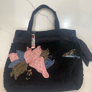 Far Nine Tote Bag Womens Large Black Floral Applique Beaded 1/2 Zip Top Teddy